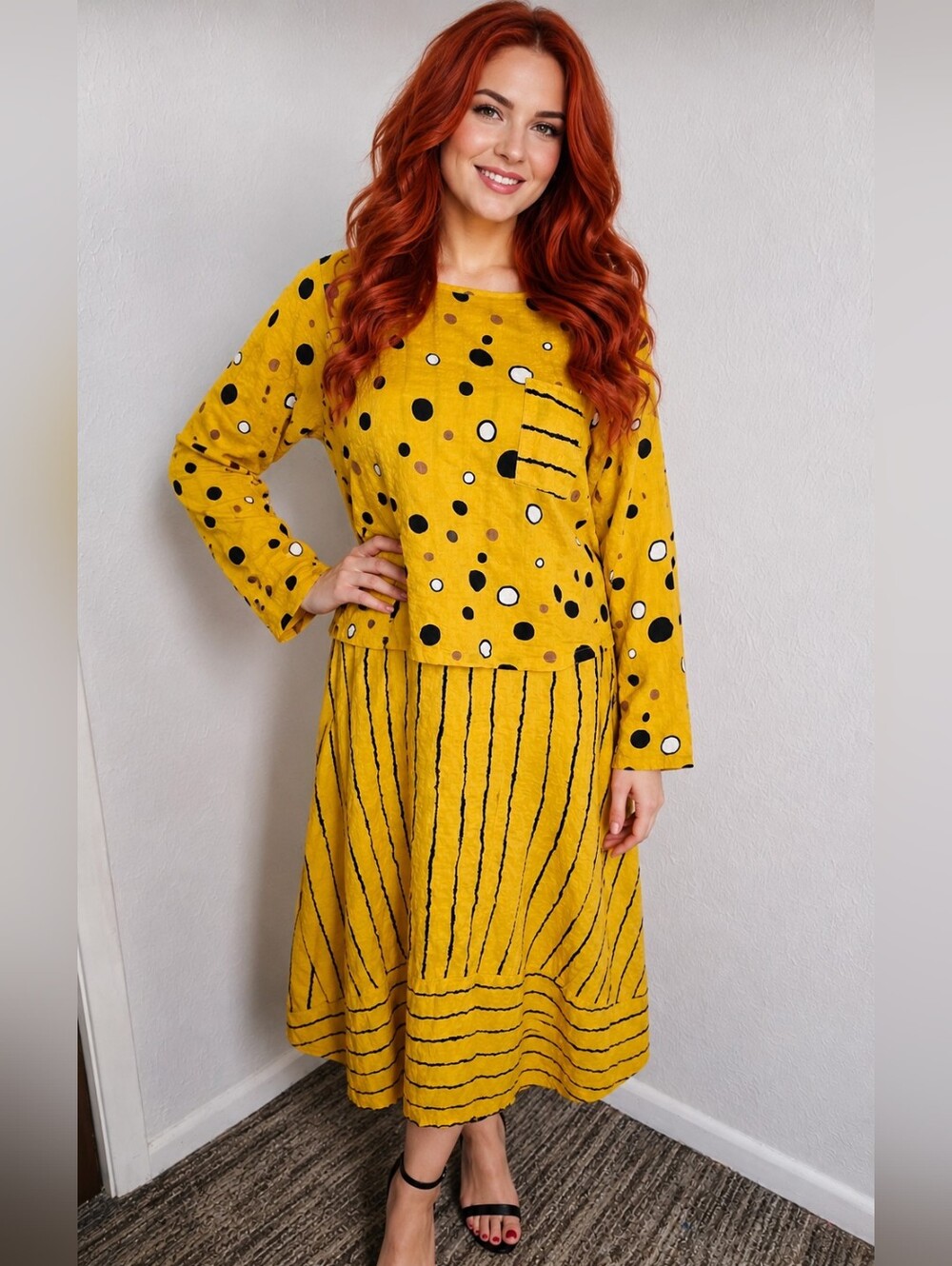 Yellow Long Sleeve Polka Dot & Stripe Midi Dress (fits like M)